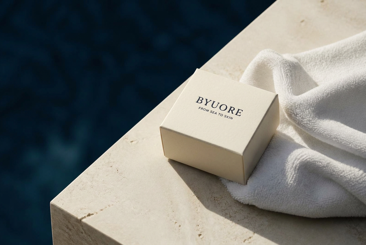 Ivory BYUORE box, From Sea to Skin, on a white towel beside deep blue water